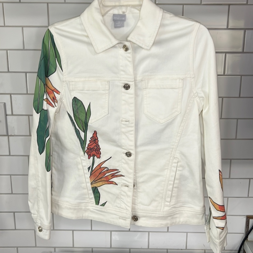 Chico’s Tropical Embellished Denim Jacket Sz 4/6 White Denim